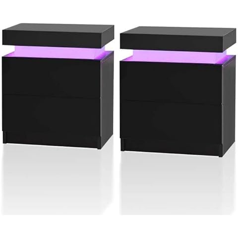 TUKAILAi 2X Nachttisch mit RGB Led Licht 2 Schubladen Nachtschrank Holz Beistelltisch Organizer Einheit Nachtkonsole Nachtkommode Cover