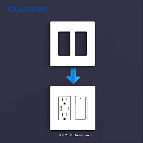 Image of ELEGRP 2-Gang Screwless Decorative Wall Plates, Mid-Size 4.88 inch height x 4.94 inch length Unbreakable Thermoplastic Faceplate Cover for Decorator Receptacle Outlet & Switch, UL Listed (1 Pack, Matte White)