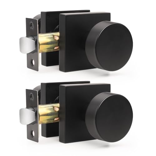 Gobrico Matte Black Passage Door Knobs with Square Rosette(2 Pack), Heavy Duty Closet Door Handles Without Lock, Door Knob Sets for Hallways