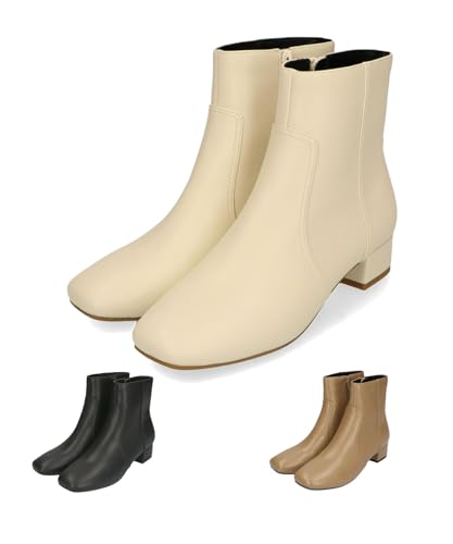 レディース ショート ブーツ 3.5㎝ 太ヒール サイドジップ 防寒 冬 スクエアトゥ レディース 柔らかい 黒 白 32401