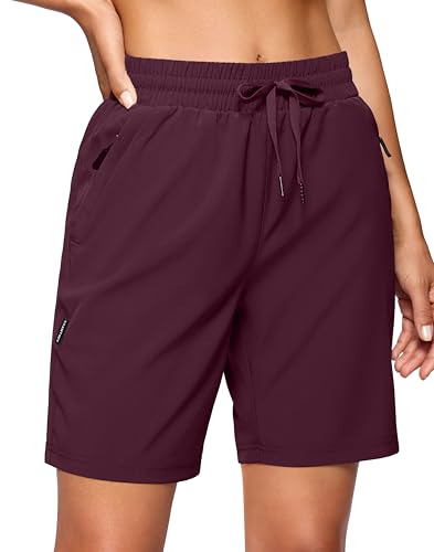 SANTINY Women's 7''/ 9'' Hiking Shorts with 3 Zipper Pockets Lightweight Quick Dry Long Athletic Golf Shorts for Women Casual (Wine_M)