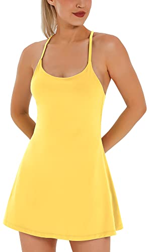 Womens Tennis Dress, Athletic Dress with Built-in Bra & Shorts Pockets Summer Dresses for Women Golf Outfits for Workout Lemon