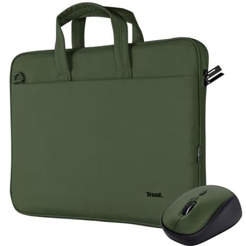 Trust Bologna Pack de Maletín para Portátil y Ratón, Eco Maletín para Portátil de Hasta 16", Correa Ajustable para Hombro, Ratón 800-1600 PPP, Microrreceptor USB, Mouse para Ordenador – Verde