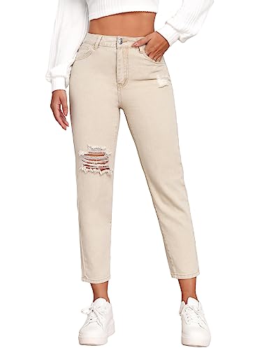 WDIRARA Women's High Waisted Ripped Jeans Distressed Tapered Stretchy Denim Pants