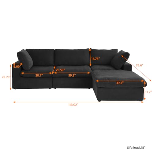 Image of JACH L-Shaped Cloud Sectional Couches for Living Room, Modular Convertible Sofa, Ottoman with Storage, Thick Cushions, Couch Covers Removable, Cloud Sectional Sofas for Apartment (Black)