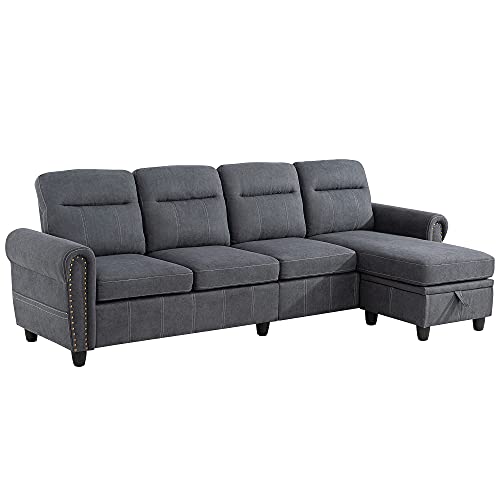 Walsunny 4-seat Sectional Sofa Couch with Reversible Chaise, Convertible L-Shaped Couch with Storage Ottoman for Living Room(Grey) - Thumbnail 7