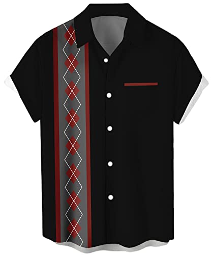 Deer Lady - Mens Bowling Shirt Short Sleeve Vintage Printed Camp Shirt Casual Button Down Shirt, 01-diamond Black Red, S