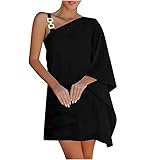 Generic Damen Sommer Sexy Schulterfrei Rüschen Minikleid Solide/Blumen Casual Lose One Shoulder Club Party Kurze Kleider Sommerkleid Strandkleid Off Shoulder Abendkleid