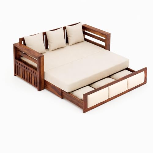 Image of SONA ART & CRAFTS Zeus Sheesham Wood 3 Seater Sofa Cum Bed with Bedside | Wooden 3 Seater Sofa for Living Room Wooden Furniture Sofa Bed for Home (Natural Finish)