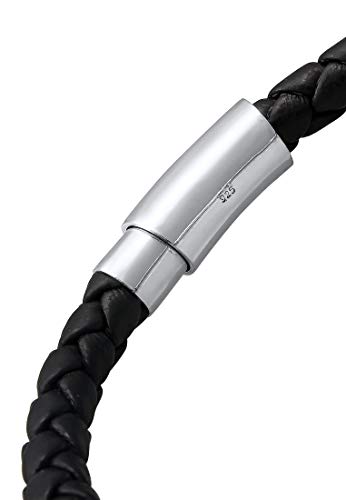 kuzzoi Men Bracelet Leather Braided Black Tiger-Eye Gemstone Beads Made of 925 Sterling Silver, Length 7,48 inch - 9,05 inch, Width 0,31 inch, 0.81 oz3