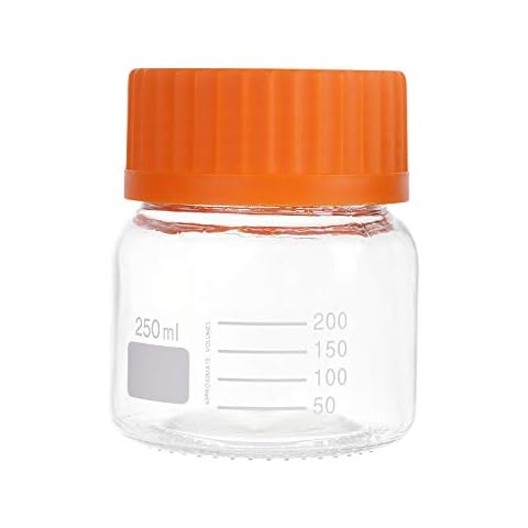 Pastein 6 Pack Pyrex 250 mL Wide Mouth Graduated Round Reagent Media/Storage Lab Glass Bottle With GL80 Orange Polypropylene Screw Cap Cover