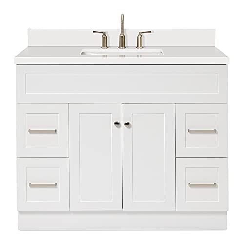 ARIEL 43´´ White Bathroom Vanity with 1.5´´ Edge Pure White Quartz Countertop & Splash, Rectangular Sink, 2 Soft Closing Doors, 4 Full Extension Dovetail Drawers, Built in Toe Kick