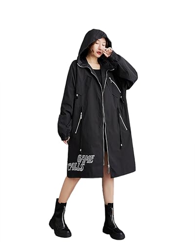 ellazhu Women's Coat Long Sleeve Zip Up Patterned Hoody Straight Hem Loose Casual Elastic Armhole Two Side Pockets GZ377
