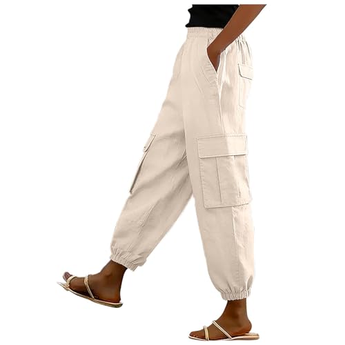 Image of Summer Trousers for Women UK Elastic Waist Casual Cargo Pants Cotton Baggy Tapered Leg Lounge Trousers Loose Fit Outdoor Hiking Walking Pants Ladies Travel Activewear Bottoms with Pockets Beige