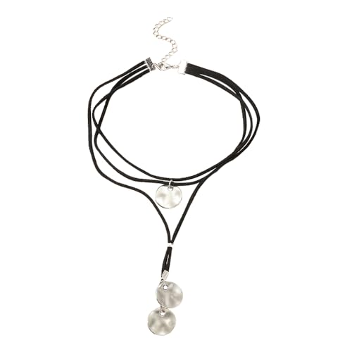 Boho Wrap Velvet Choker Necklace Tassel Long Chain Necklace Western Black Leather Necklace for Women Layered Disc Pendant Necklace Christmas Birthday Gifts for Girls