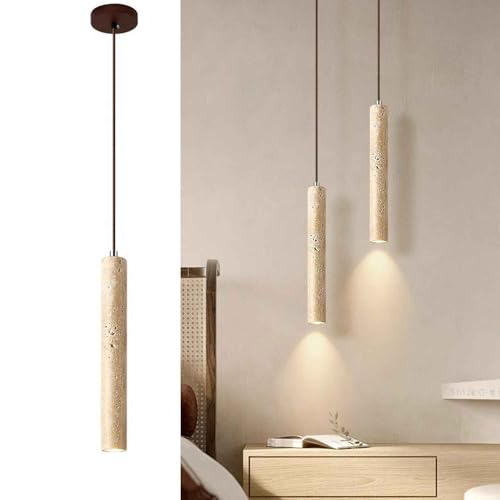 Travertine Pendant Light – Linear Hanging Lamp, Cylinder Design, 9W LED, Hardwired, Ideal for Kitchen Island, Dining Room & Farmhouse Spaces (Warm Light,4 * 28cm)