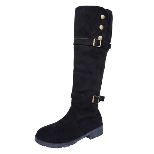 Knee High Boots for Women With Belt Mid Calf Boot Retro Fashion Suede Side Zipper Fall Boots Elastic Casual Fashion Riding Booties (7.5)