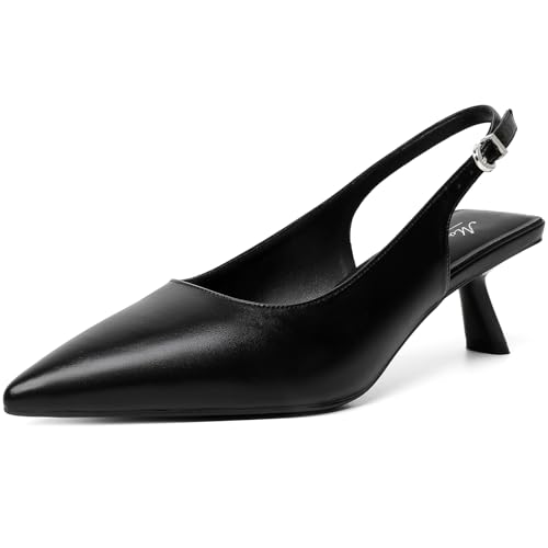 Image of Mostrin Kitten Heels for Women Pointed Toe Pumps Patent Leather Low Heel Slingback Heels with Buckle Dress Shoes for Dating Party Working