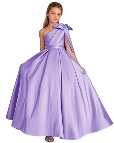 One Shoulder Flower Girl Dresses for Wedding Satin First Communion Dress Princess Pageant Ball Gown with Bow
