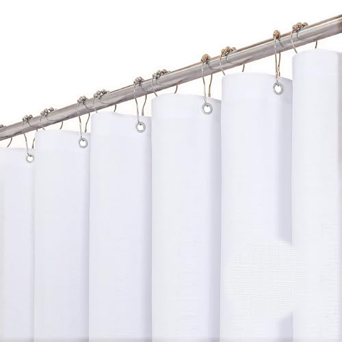 HONCO DIRECT White Boho Faux Linen Fabric Shower Curtain, Textured Hotel Luxury Waterproof Decorative Heavy Duty Polyester Cloth Shower Curtain Set, 72x72 inches