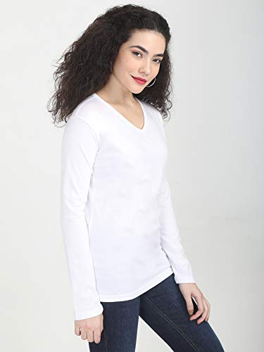 Image of FLEXIMAA Women's Cotton Plain V Neck Full Sleeve T-Shirt
