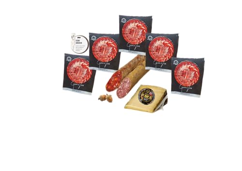 Lote de embutidos ibéricos: 5 sobres de jamón ibérico de cebo cortados a cuchillo, medias piezas de chorizo y salchichón ibérico de bellota y regalo cuña de queso artesanal