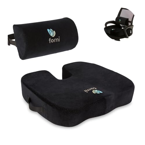 FOMI Extra Thick Coccyx Seat Cushion and Back Support Combo - Large Memory Foam Seat Pad and Lumbar Pillow for Car, Office, Gaming Chair, Wheelchair - Sciatica, Tailbone Pain Relief