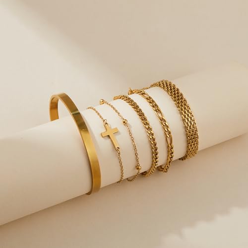 Gold Bracelets for Women Dainty Non Tarnish Link Chain Bracelets Set for Women Trendy Adjustable Chunky Thin Bracelets Stack Layered With Cuff Beaded Cuban Rope CZ Heart Cross Jewelry Gifts4