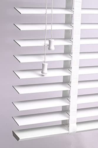 Ruby Deals Faux Wood Venetian Blinds 50mm Wide Slats Trimmable Grey String Design Wide Tape PVC White Window Blind (90cm x 213cm, String Design, Soft Grey)