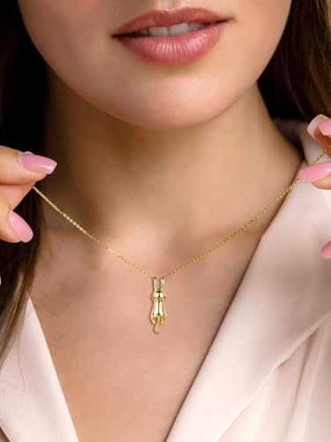 SILVERCUTE Sterling Silver Cat Necklaces, 14K Gold Plated Cute Cat Necklace for Women, Full Kitten Pendant for Cats Lover