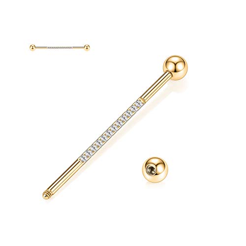 Gagabody Industrial Piercing 14G Industrial Earrings Surgical Steel Industrial Barbell Cartilage Body Piercing Jewelry 1 1/2 Inch 38Mm Gold Industrial Barbell With Cz #TOP1