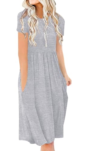 Image of DB MOON Women Summer Casual Short Sleeve Dresses Empire Waist Dress with Pockets (Gray, 3XL)