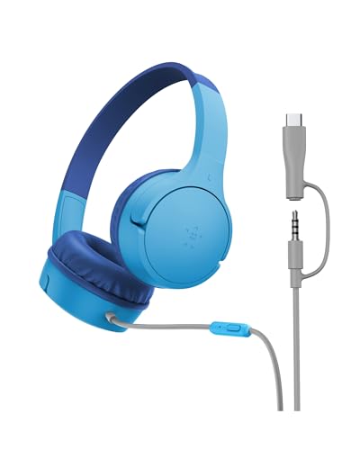 Belkin SoundForm Mini Kids Wired Headphones w/USB C to 3.5mm Dongle, Built-in Mic & Fun Stickers, 85dB Max Volume – for Online Learning, Travel, Compatible w/iPhone 16, iPad, Galaxy S25, etc - Blue