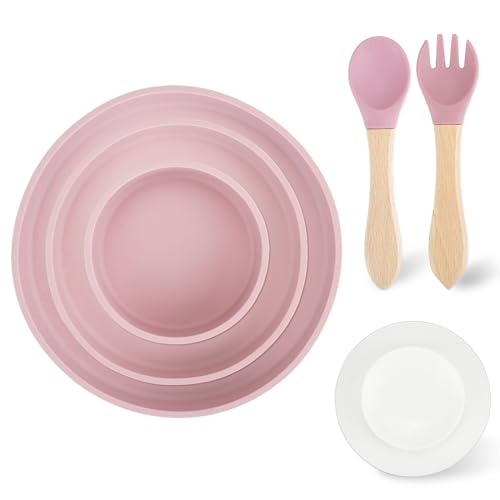 Mulaibdin 3 Pcs Toddler Plates, Silicone Baby Plate, Baby Bowls for Weaning, Kids Plates and Bowls Sets with Cutlery, Removable Suction Plate Baby, Baby Feeding Set, BPA-Free(Pink)