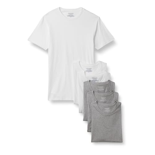 Amazon Essentials Men's Slim-Fit Cotton Crew Neck Vests, Pack of 6, Medium Grey Heather/White Short Sleeve, XS