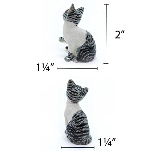 Witnystore Tiny 2" High Sitting Looking Up White Grey Tabby Cat Figurine - Miniature Hand Made Painted Ceramic Shorthair Kitten Animal Porcelain Clay Pottery Decorative Collectible Figurines Décor #TOP1
