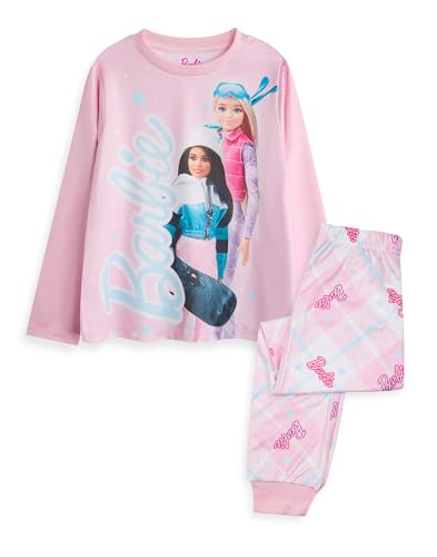 Barbie Girls Pajama Set | Childrens Snow Winter Ski Snowboard Doll Graphic PJs | Complete Matching Nightwear Set