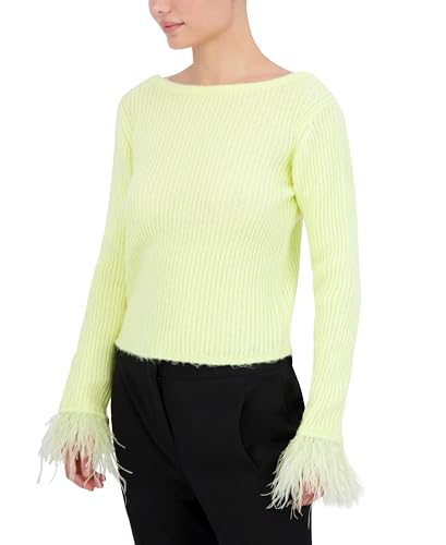 Image of BCBGMAXAZRIA Women's Boat Neck Long Sleeve Feather Cuff Sweater Top