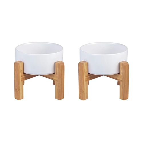 LIONWEI LIONWELI Cuencos elevados de cerámica para Perros, tamaño Mediano, Juego de 2, Soporte de Madera Antideslizante, antivómitos, 850 ml, Color Blanco