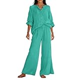 Generisch Hosenanzug Damen Sommer Zweiteiler Elegant Outfit Business Casual Anzug Langarm Rundhals Oberteil und Weite Hose Einfarbig Zweiteiler Outfit Business, Freizeit, Urlaub, Arbeitssets
