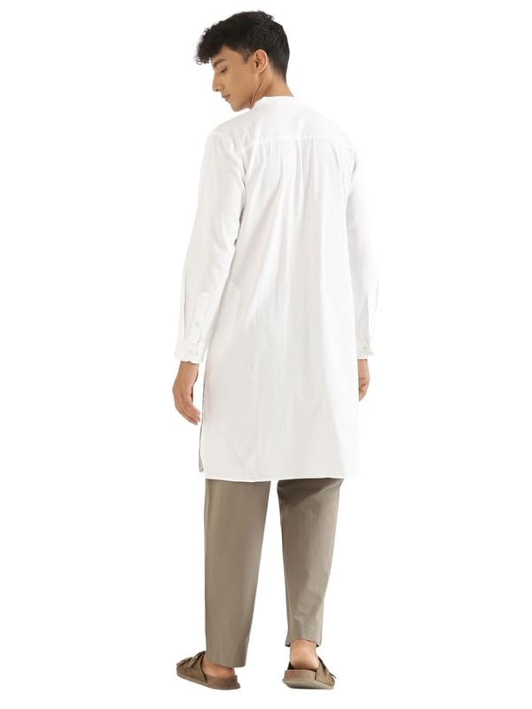 Image of SAADAA Men's Long Kurta - Linen Cotton Blend, Airy Fabric, Regular Fit, Mandarin Collar, Solid Color - Casual, Festive & Ethnic Wear