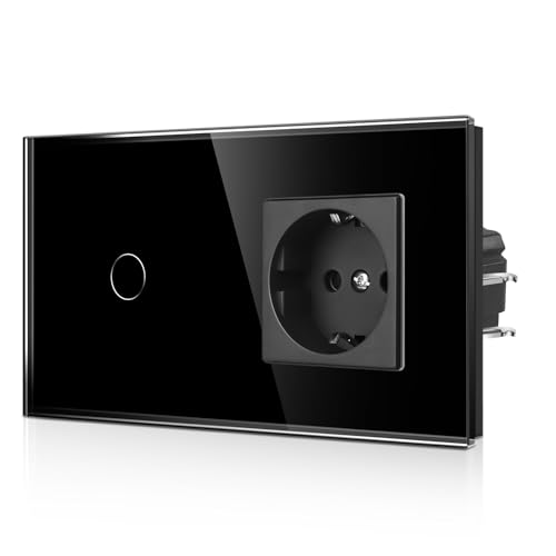 CNBINGO Touch Lichtschalter und Steckdose mit Krallen – Schuko Steckdose unterputz - einfach Wandschalter mit LED Status und Glas Panel – 1 Fach - Schwarz