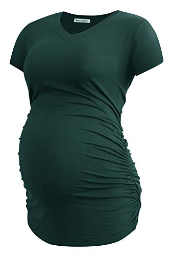 Smallshow Women's V Neck Maternity Shirt Side Ruched Tunic Pregnancy Short Sleeve Top Clothes 3-Pack Deep Green/Light Grey/Wine Medium #TOP1