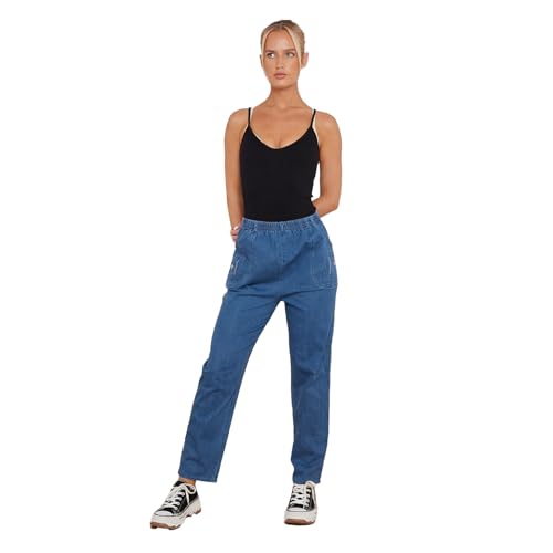 Image of Women’s Mom Jeans High Waisted Stretchy Trousers Full Length Straight Fit Casual Pants with Elastic Waist and Pockets (UK, Numeric, 14, Regular, Regular, Denim)