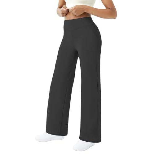 FireSwan Wide Leg Yoga Pants Women Stretch Dress Lounge Pants with Pockets High Waisted Loose Casual Trousers Dark Grey Small
