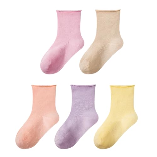 Kids Socks Solid Ruffed Crew Socks Cotton Knit Boneless Mesh Mid-Calf Casual Socks for Kids 5 Pairs