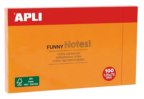 APLI 15005 - Funny Notas Adhesivas, 125 x 75 mm, Bloc De 100 Notas Autoadhesivas, Color Naranja Flúor