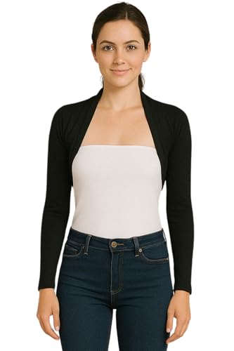 STAR FASHION Womens Long Sleeve Bolero Shrug Ladies Mini Blouse Open Front Cropped Top Lightweight Summer Cardigans Jacket Black 12-14