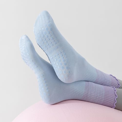 Image of 2 /4 Pairs Pilates Socks with Grips for Women,Cute Grippy Yoga Non Slip Ruffle Sock for Ballet Barre Barefoot Hospital Workout