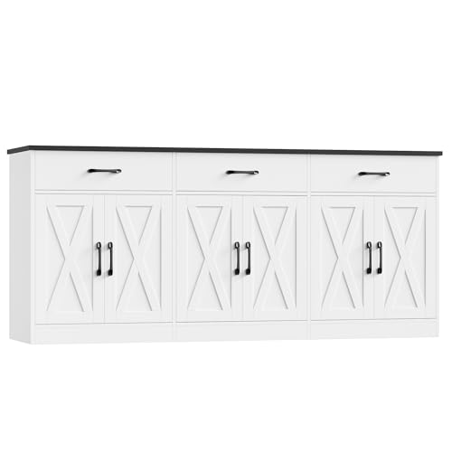 HOSTACK 71' Large Sideboard Buffet Cabinet with Storage, Farmhouse Coffee Bar Cabinet with 3 Drawers, Long Kitchen Buffet Table, Kitchen Sideboard Storage Cabinet for Dining, Living Room, White/Black